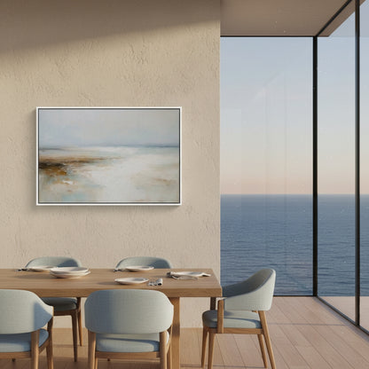 Modern dining area with a large TV screen displaying an ocean view, next to a glass door with a scenic view.