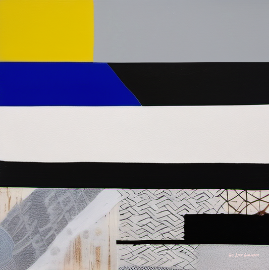 Abstract design with geometric shapes and patterns in various colors.