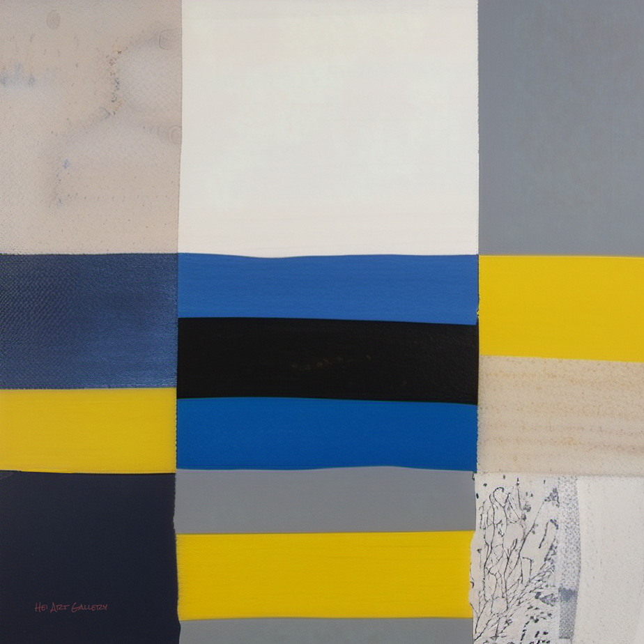 Abstract art piece with horizontal stripes in blue, yellow, and gray on a textured background.