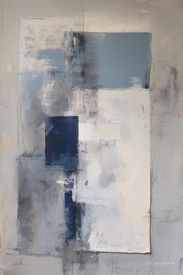 Abstract art piece with geometric shapes in blue, gray, and white on a textured background.