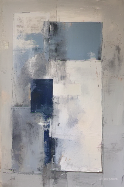 Abstract art piece with geometric shapes in blue, gray, and white on a textured background.