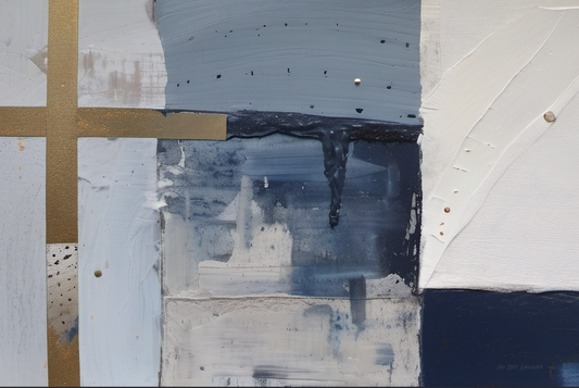 Abstract art piece with blue, white, and gold colors