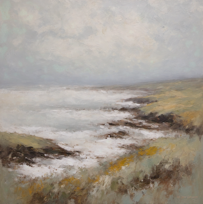 Painting of a coastal landscape with waves and rocky shore.