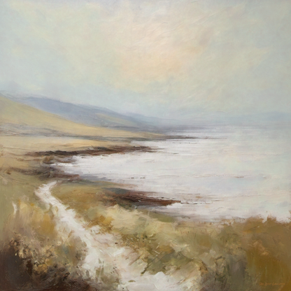 Abstract landscape painting with earthy tones and a soft sky.