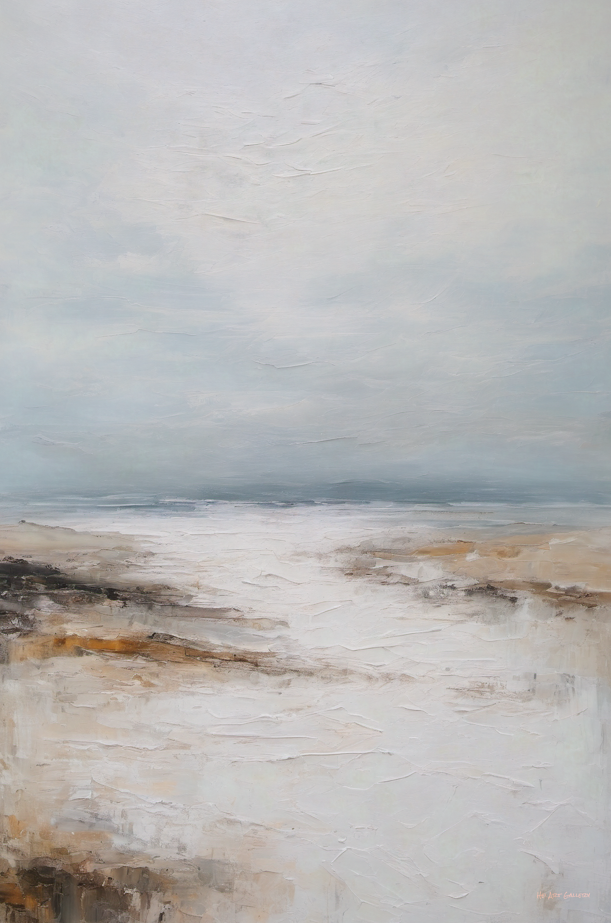 Abstract landscape painting with earthy tones and a misty sky.