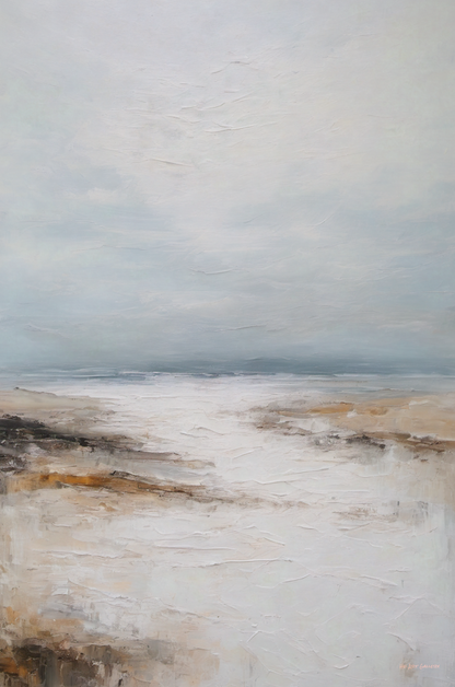 Abstract landscape painting with earthy tones and a misty sky.