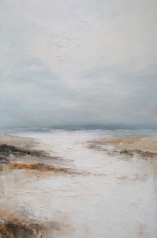 Abstract landscape painting with earthy tones and a misty sky.