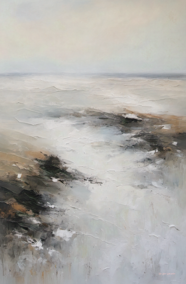 Abstract art with a mix of black, white, and gray tones on a textured surface.