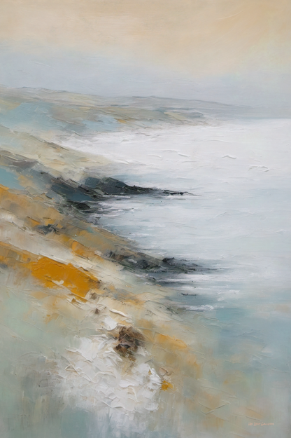 Abstract painting with a mix of colors including blue, yellow, and gray.