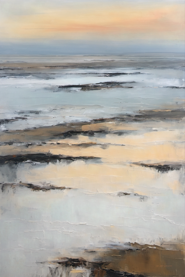 Abstract painting with horizontal brushstrokes in beige, brown, and gray.