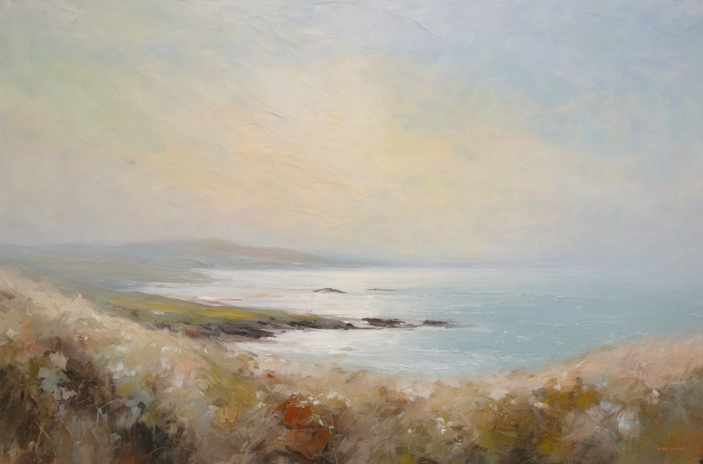 Painting of a coastal landscape with a sunset over water.