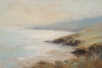 Painting of a coastal landscape with misty sky and rocky shore.