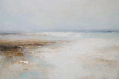 Abstract landscape painting with earthy tones and a gradient sky.