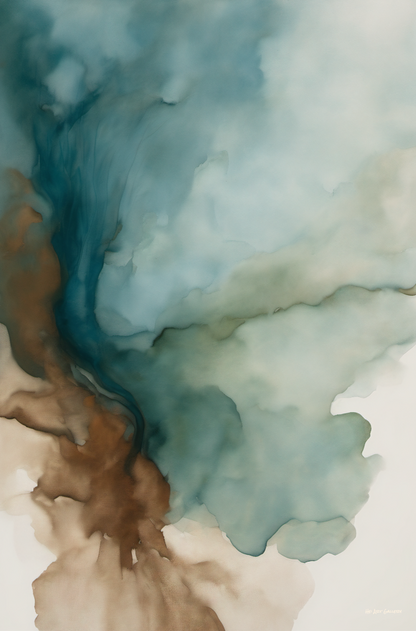 Abstract watercolor painting with blue, brown, and beige colors