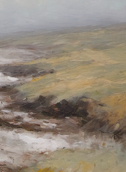 Painting of a landscape with rolling hills and a misty sky.