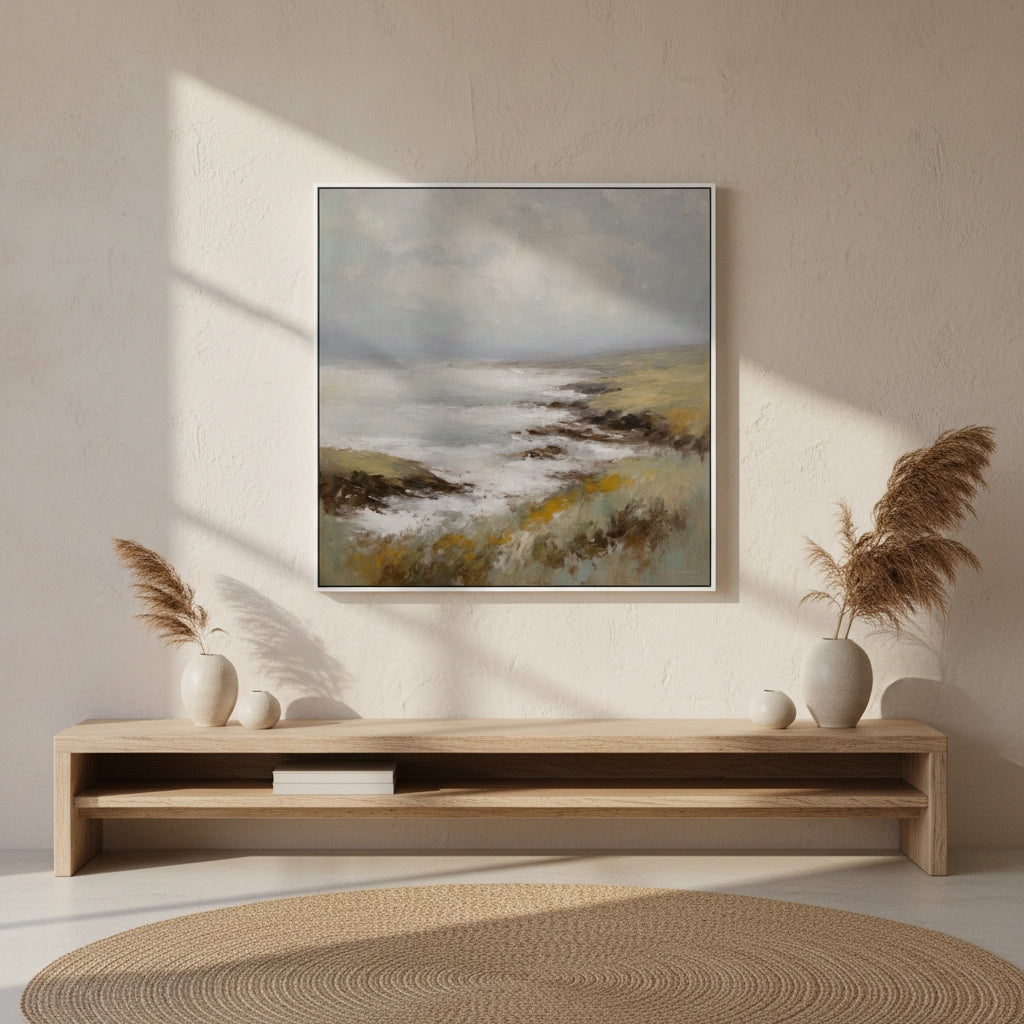 Framed landscape painting on a wall above a wooden console table with decorative items.