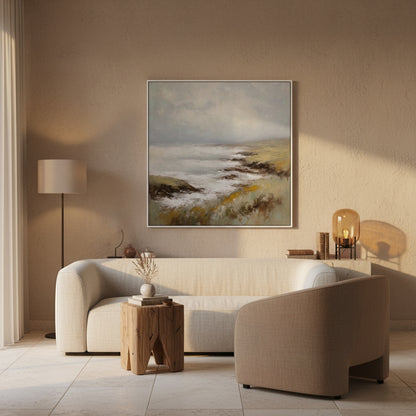 Modern living room with a beige sofa, side table, and abstract painting on the wall.