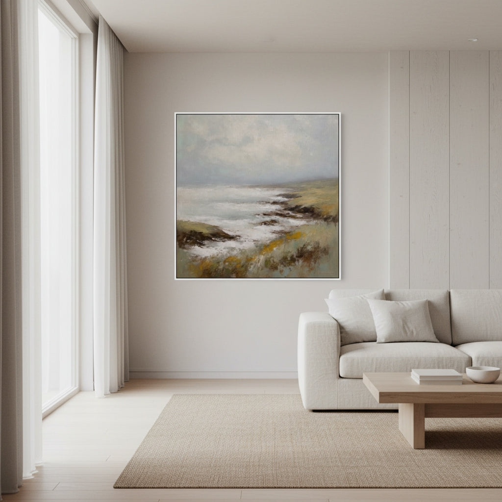 Modern living room with a coastal painting on the wall