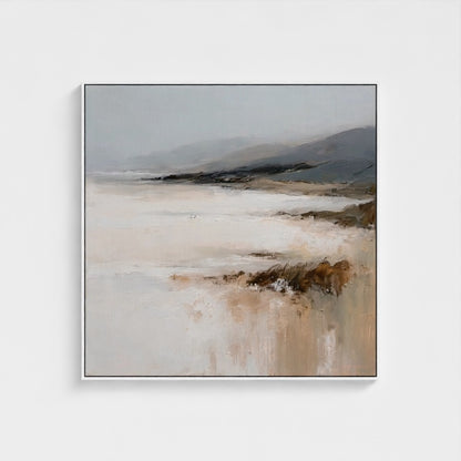 Abstract landscape painting with earthy tones on a white background