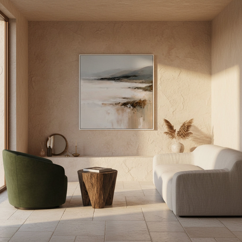 Modern living room with a green armchair, wooden side table, and abstract painting on a beige wall.