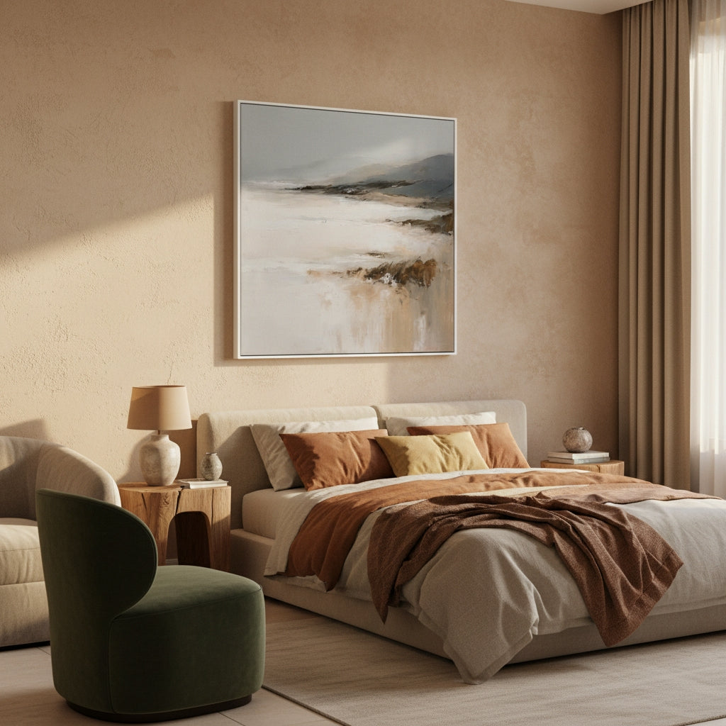 Modern bedroom with a bed, green chair, and abstract painting on the wall.