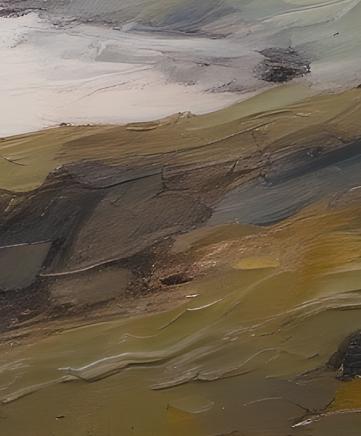 Abstract painting with wavy patterns in brown, green, and beige tones.