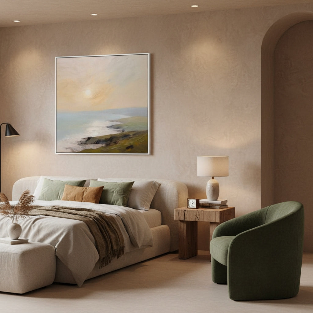 Modern living room with a beige sofa, green armchair, and framed artwork on the wall.