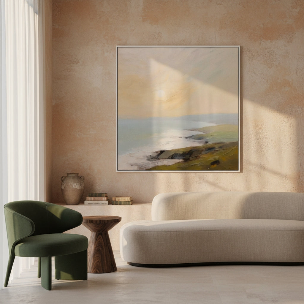 Modern living room with a painting of a coastal scene on a wall.