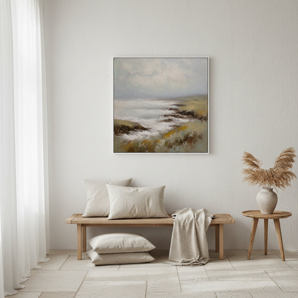 Nautical-themed wall art in a living room with a bench and decorative items.