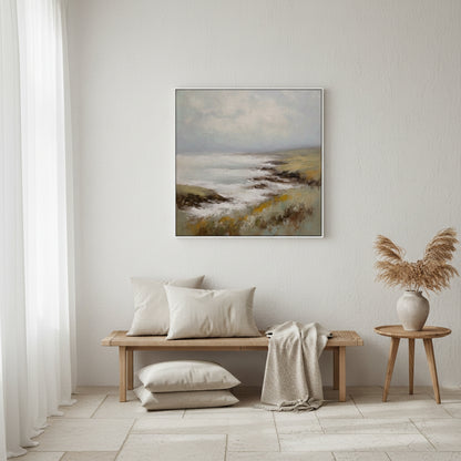 Nautical-themed wall art in a living room with a bench and decorative items.