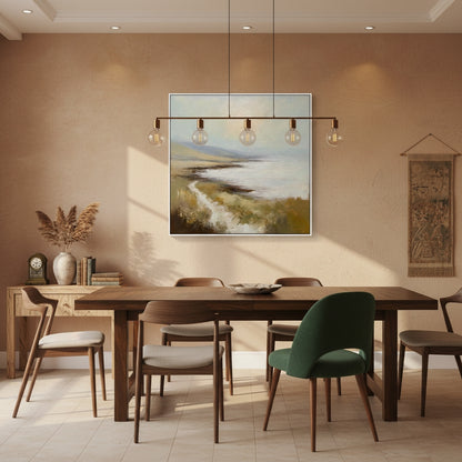 Dining room with wooden table, chairs, and a large abstract painting on the wall.