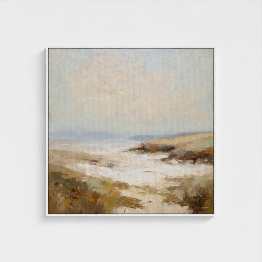 Framed abstract landscape painting on a white background