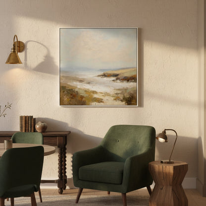 Nest living room with green armchair, wooden side table, and wall art