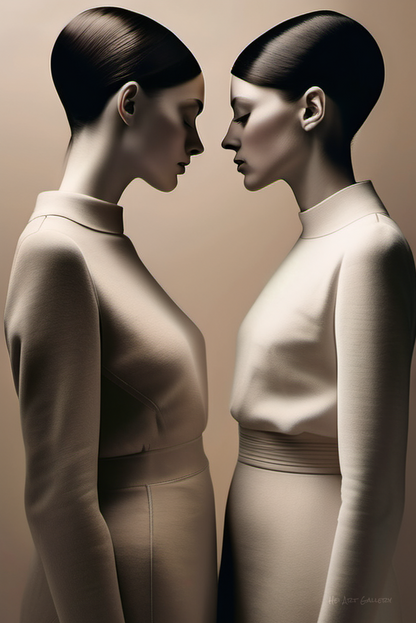 Two mannequins facing each other in a minimalistic setting