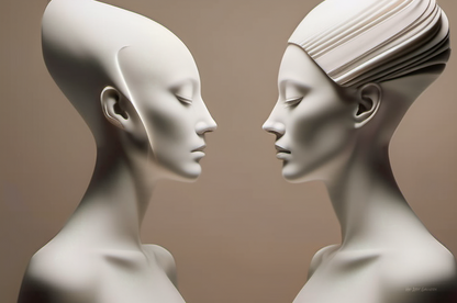 Two marble-like sculptures facing each other against a beige background