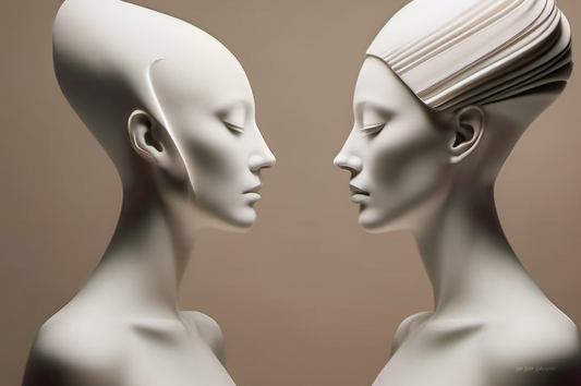 Two marble-like sculptures facing each other against a beige background