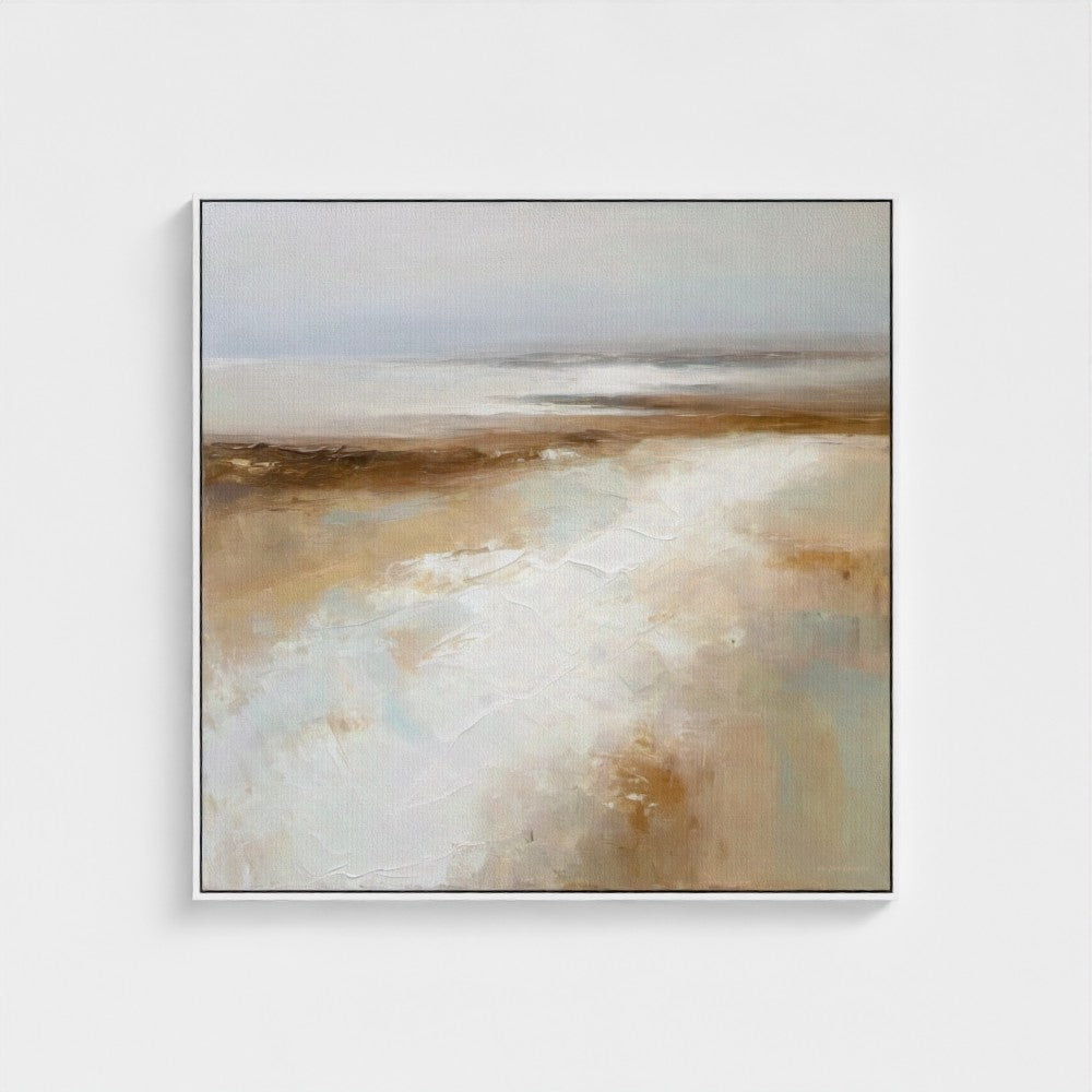 Abstract landscape painting with earthy tones on a white background