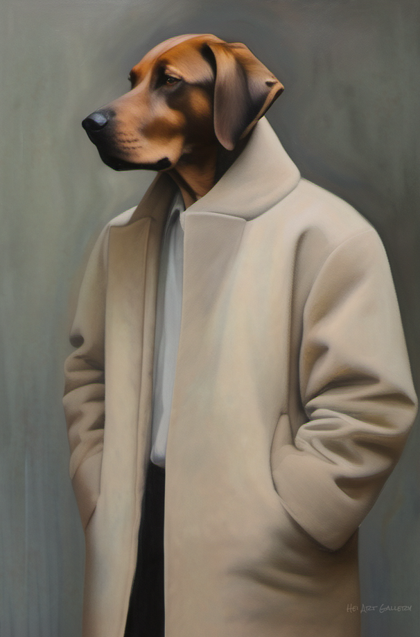 Dog wearing a beige coat against a gray background