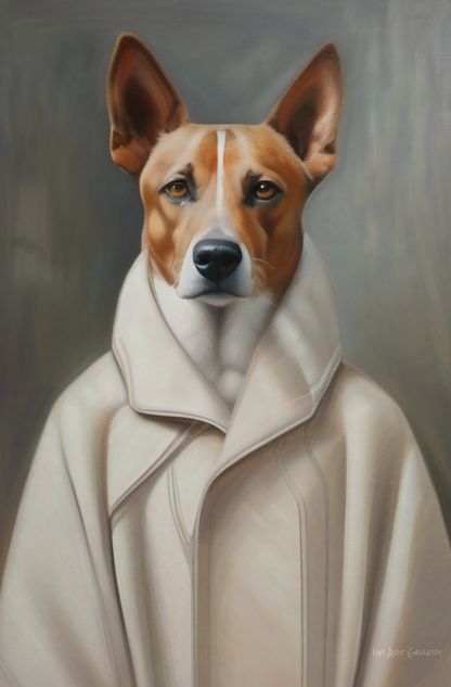 Dog wearing a beige coat against a gray background