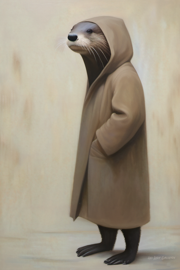 Otter wearing a beige coat against a plain background