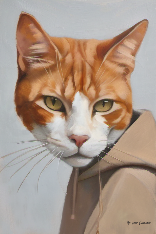 Painting of a cat wearing a brown hoodie on a light gray background
