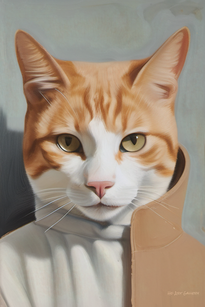 Artistic depiction of a cat wearing a coat with a neutral background