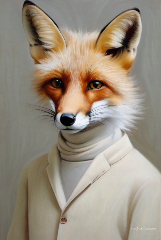 Digital art of a fox wearing a beige suit with a white shirt.