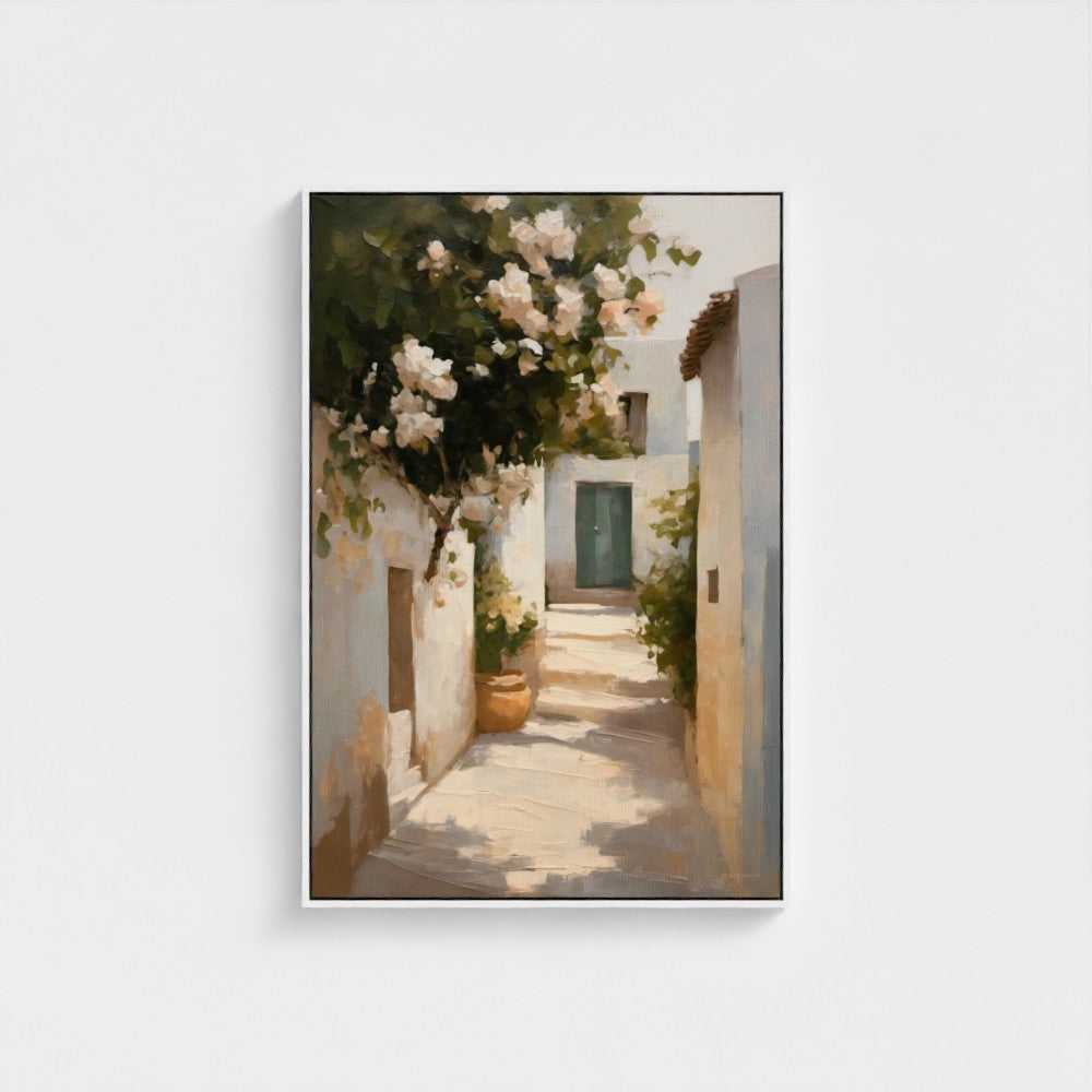 Framed artwork of a narrow alley with flowers and a door on a white background