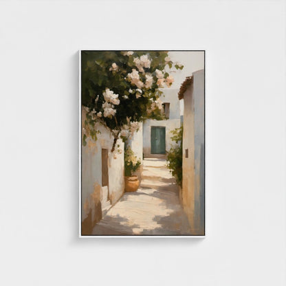 Framed artwork of a narrow alley with flowers and a door on a white background