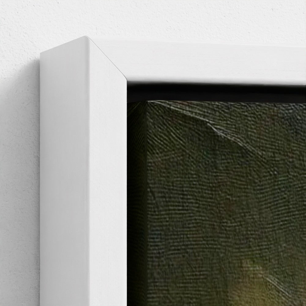 Close-up of a textured green painting with a white frame on a light gray background