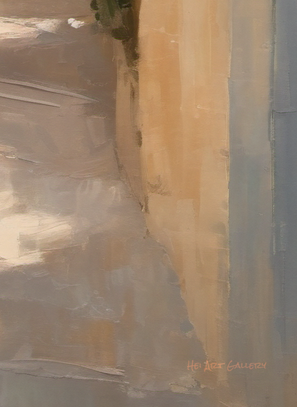 Abstract art with a prominent vertical yellow stripe on a gray background