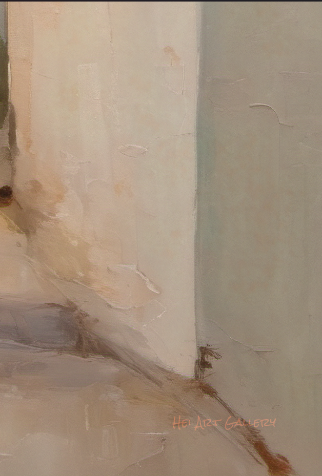 Close-up of a textured wall with a brushstroke effect, featuring the artist's signature.