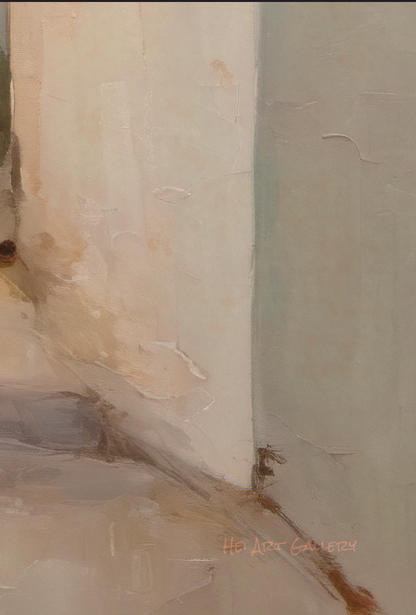 Close-up of a textured wall with a brushstroke effect, featuring the artist's signature.