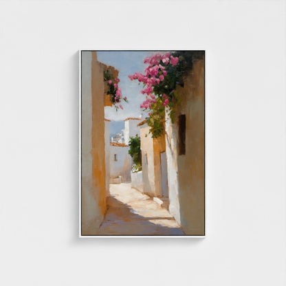 Framed artwork of a sunlit alleyway with flowers and buildings.